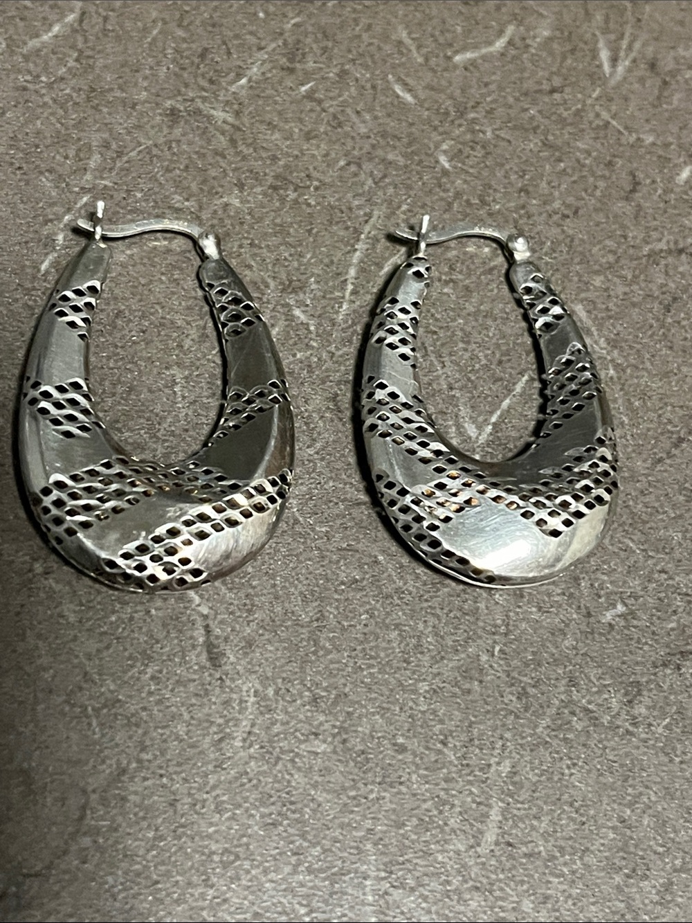 Thailand 925 Sterling Silver Textured Hoop Earrings - oval shape 2”x 1”